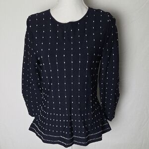 Talbots Navy Blue White Dots Knit Top Office Womens Size MP